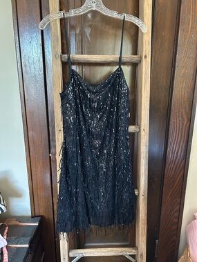 a new day Black Sequin Fringe Mini Dress, Size M, NWT